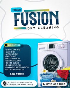 a flyer for a dry cleaning business with an image of a washing machine and clothes