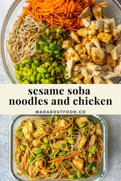 sesame soba noodles and chicken in a glass bowl with carrots, broccoli and peas