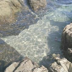 the water is crystal clear and there are rocks in the foreground with an orange object on it