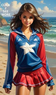 a painting of a girl on the beach wearing a cheerleader uniform and holding a tennis racket