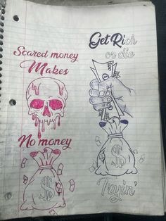 a notebook with some writing on it that says get rich, scared money makes no money