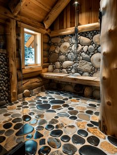 a bathroom with rocks and wood in it