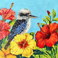 a painting of a bird sitting on top of some flowers with blue sky in the background