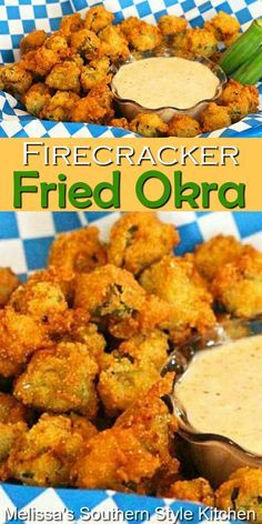 two pictures of fried okra on a blue and white checkered table cloth