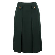 CELINE PARIS c.1970's Forest Green Wool Box Pleated A Line Midi Skirt Brand / Manufacturer: Celine Paris Circa: 1970's Designer: Celine Vipiana Style: A Line Skirt Color(s): Forest green, Gold Lined: Yes Marked Fabric: 100% Laine Wool Unmarked Fabric (feel of): Acetate (Lining) Additional Details / Inclusions: Vintage Celine c.1970's A-line skirt. Dark forest green in color with gold logo accent hardware. Sturdy waistband with two button-closure front flaps. Large box pleats in front and back gi Fashion Collage, Red Skirts, Green Wool, Box Pleats, Wool Skirts, Vintage Skirt, Forest Green, Skirt Fashion, Pleated Skirt