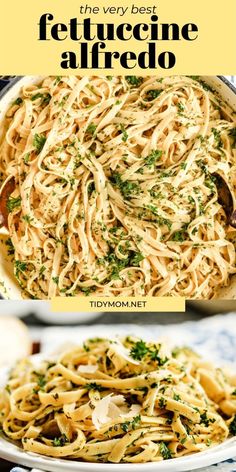 the best fettuccine alfredo recipe is shown in two different pictures with text overlay