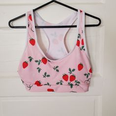 Nwot Strawberry Print Sports Bra Pink Bra With Strawberry Print, Green Leafy Accents White Trim, White Interior Size L Polyester/Spandex Combo Removable Cups Casual Wear/Low Impact Support Perfect For Summer Offers Always Welcome Printed Sports Bra, Cute Strawberry, Pink Sports Bra, Strawberry Print, Pink Bra, Sports Bra Sizing, White Trim, White Interior, Polyester Spandex