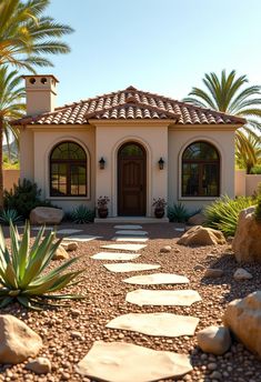 a house with rocks and palm trees in the front yard