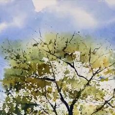 a painting of a tree with white flowers in the foreground and blue sky in the background