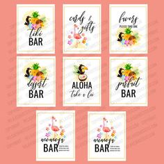 six different types of bar signs with flowers and pineapples on the front, one is