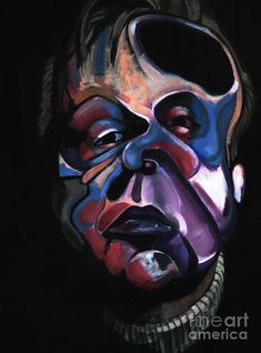 a painting of a man with his face painted in blue and red