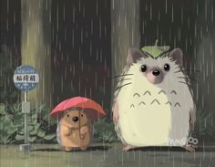 an animal standing in the rain next to another animal holding an umbrella and looking at it