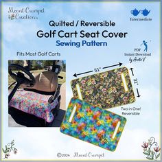 the golf cart seat cover is shown with instructions for how to sew it and how to use it