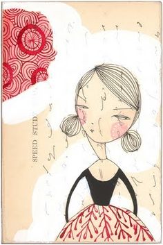 a drawing of a girl in a black dress with red circles around her neck and hands on her hips