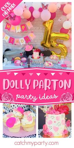 a collage of pink and gold party decorations with balloons, cupcakes, and cake