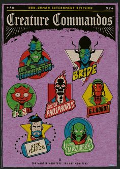 an advertisement for the creature command, featuring various stickers and logos on purple paper