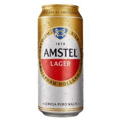 an amstel lager beer can on a white background with the label in red and gold