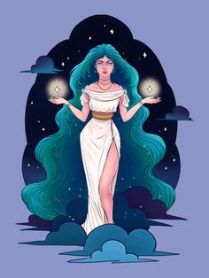 a woman in white dress standing on clouds with her hands out to the stars above her head