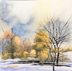 a watercolor painting of trees in the snow