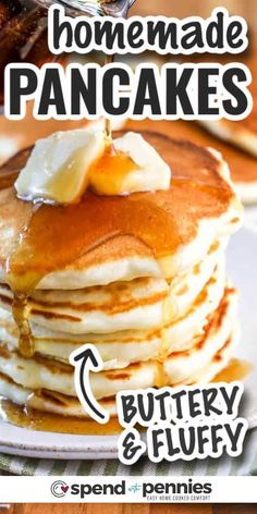 a stack of pancakes with butter and syrup on top is featured in the cover of this recipe