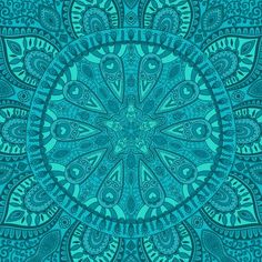 a blue and green circular design with many details on the center, as well as an intricate