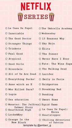 the netflix series list is shown in red and white, with black lettering on it