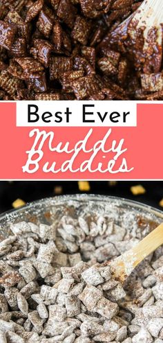 Muddy Buddies, also known as Puppy Chow, is a homemade snack that combines crunchy cereal with chocolate and peanut butter. So yummy!