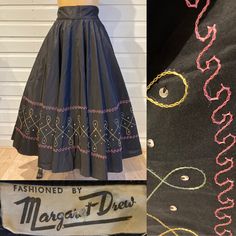 "ORIGINAL 1950s TAFFETA SKIRT Fashioned by Margaret Drew Lovely embroidered full circle skirt Embroidery design in pink, yellow and green rayon stitching. Sequins within the design Measurements- Waist- 26.5\" Hips- Full Length- 32.5\" from top of waistband Condition- Good vintage condition Any questions please ask." Vintage Black Flared Skirt, Embroidered Black Long Skirt, Black A-line Retro Skirt, Vintage Black Mini Skirt, Vintage Costume Gathered Skirt, Vintage Black Gathered Skirt, Abstract Shirt, Embroidery Skirt, Taffeta Skirt