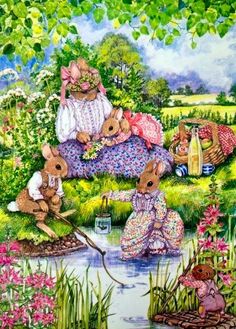 a painting of rabbits in the grass near water and flowers, with two people sitting on a bench