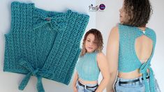 a woman is standing next to a crocheted blue top and jeans with her hands on her hips