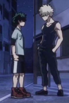 two anime characters standing next to each other in the street at night and one has his hands on his hips