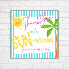 a thank card for someone who is on the beach with palm trees and sun in the background