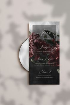 moody floral
moody floral wedding
wedding menu
dark floral menu
dark floral wedding menu Moody Invitations Wedding, Dark Menu Design, Moody Invitations, Gothic Wedding Stationery, Wedding Invitations Dark, Industrial Wedding Cake, Smokey Background