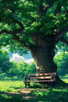 a bench sitting under a large tree in the middle of a park with green grass