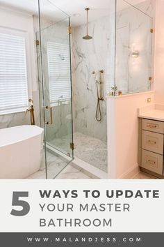 Check out all the details of our modern glam master bathroom renovation, including polished brass, acrylic, and vintage accents! Modern Glam Bathroom, Bathrooms 2024, Transitional Style Bathroom, Modern Kitchen Renovation, Glam Bathroom, Bathroom Ensuite, Small Bathroom Renovation, Exterior Inspiration