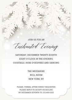 a white christmas party card with snowflakes and evergreen branches in the center, on a light gray background