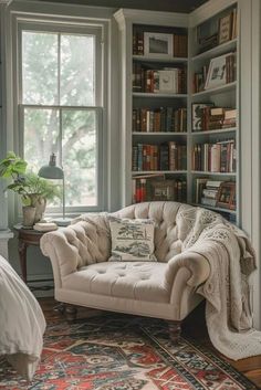 a living room filled with furniture and bookshelves next to a large window on top of a rug