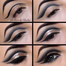 Step by step:  1. Outline crease with a black pencil liner (MAC's Smolder) 2. Blend out with a matte black eyeshadow (MAC Carbon using #228 & #217 brushes) 3. Apply winged liner (MAC Blacktrack) 4. Apply a glitter adhesive (Toofaced glitter glue) and a gold glitter (Makeup Forever #11 glitter) 5. Line bottom lash line with the same pencil liner & eyeshadow, and apply lashes & mascara (MAC #48 lashes) 6. All done! <3 Exotic Makeup, Cut Crease Eye Makeup, Blue Eye Makeup Tutorial, Bold Eyeshadow, Different Makeup Looks, Make Up Tutorials, Dance Makeup, Birthday Makeup