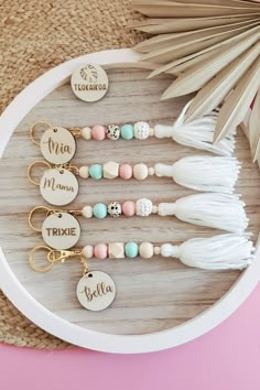 the personalized tassels are arranged on a tray