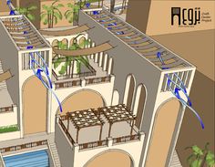 an architectural drawing of a building with stairs and balconies