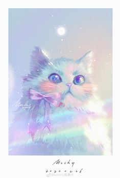 a painting of a cat with blue eyes and a pink bow on it's neck