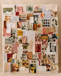 a collage of photos and papers on a wall