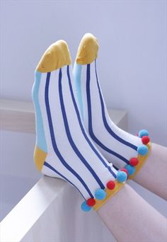 Shalex pom pom Cute Socks, Happy Socks, Socks And Tights, Mixing Fabrics, Cool Socks, Pink Stripes, Pom Poms, Stripe Print