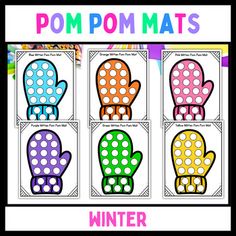 four different colored polka dot mitts with the words pom poms on them