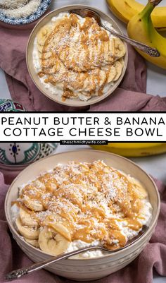 two bowls filled with bananas and cottage cheese bowl next to some other dishes on the table