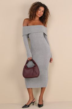 The Lulus Dazzling Comfort Grey Rhinestone Off-the-Shoulder Sweater Dress and a posh pair of boots will make the ultimate fall 'fit! Stretchy ribbed sweater knit (with a super subtle heathered effect) shapes this too-cute dress that features long sleeves and an off-the-shoulder neckline with a classic fold-over trim (and hidden no-slip strips). The flattering bodycon silhouette boasts sparkling rhinestone details throughout, before ending at a chic midi hem. Fit: This garment fits true to size. Comfort Grey, Comfort Gray, Fall Fit, Adhesive Bra, Strapless Bra, Sweater Knit, Ribbed Sweater, Shoulder Sweater, Large Size Dresses