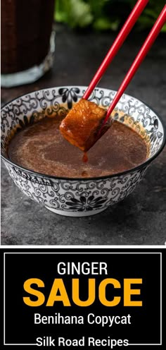 ginger sauce in a bowl with two red chopsticks sticking out of the top