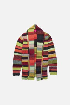 Cozy open cardigan with a relaxed fit. Long sleeve with a shawl collar, made from the softest cashmere. The stripe jacket combines 5 seasonal colors to make a unique stripe. Style the jacket with a tank or tee, and jeans. Knitting Machines, Elder Statesman, Striped Jacket, Open Cardigan, Red Light, Season Colors, Shawl Collar, Green Orange, Orange Black