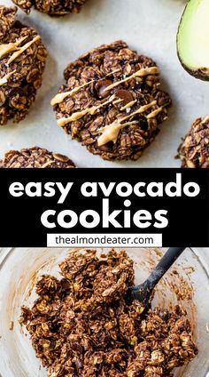 chocolate cookies with caramel drizzle on top and an avocado in the background