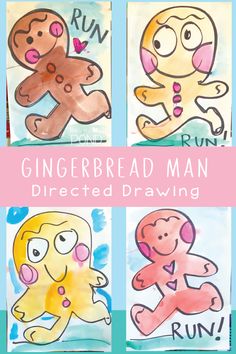 four gingerbread man drawings are shown with the words, run, run and run